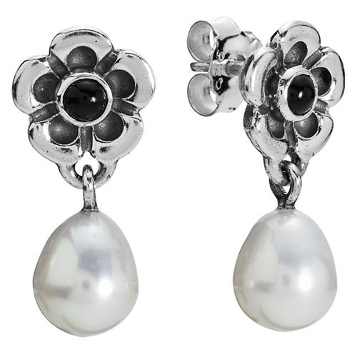 Retired Pandora Flower Earrings with Pearl Dangle :: Earring Stories ...